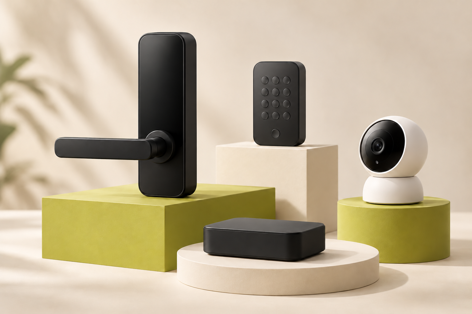 Illustrative SmartAlong equipment collection: a smart lock, access keypad, gateway and camera