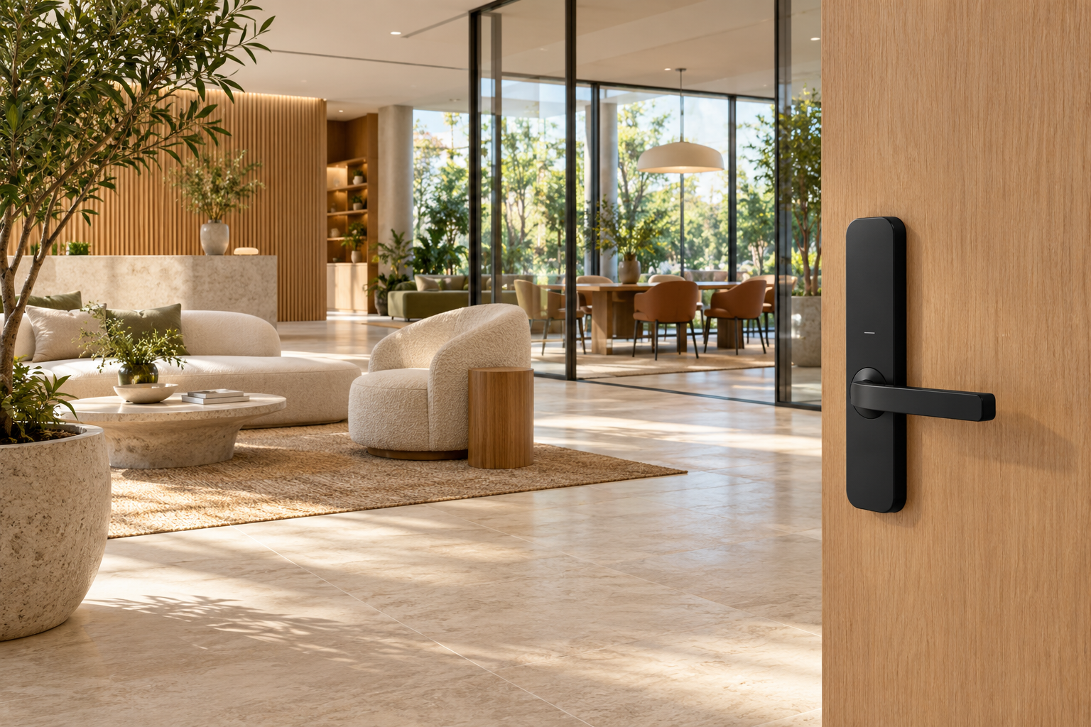 A thoughtfully designed entrance with a smart lock, warm oak and a sunlit shared lounge